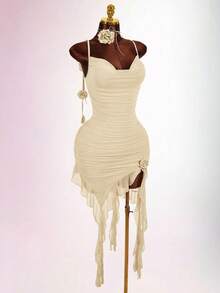 Amplova Vestido de mujer de longitud media, cuello drapeado, cordón, ribete de volantes, dobladillo con volantes, tirantes finos, espalda descubierta, decoración floral, elegante y sexy - Albaricoque - Ver 10