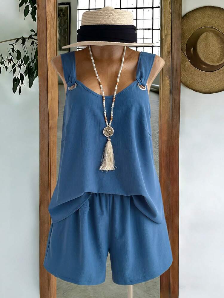 Women Plus Size Solid Color Minimalist Camisole And Shorts Set, Casual Everyday Wear,Country Concert Outfit Women's Country Clothing ,Summer Holiday Outfits