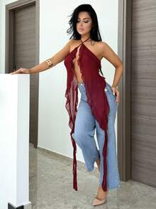 Vassilux Women's Sexy Halter Neck Chiffon Blouse,Sexy Tops - Burgundy - View 6