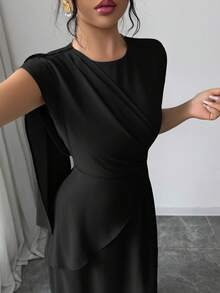 Elenzga 女士春夏法式浪漫西西里优雅休闲通勤度假下午茶情人节派对纯色圆领宽肩腰部褶皱系带无袖飘逸长裙黑色正式连衣裙最新款女装正装优雅经典惊艳连衣裙 - 黑色 - 查看 4