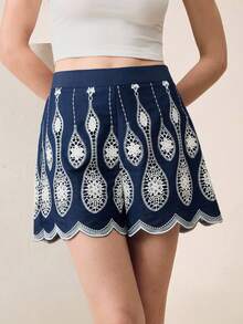 Anewsta Elegant Girlisim Pastal Embroidered Lace Shorts For Women, Suitable For Party Golf Summer - Navy Blue - View 3