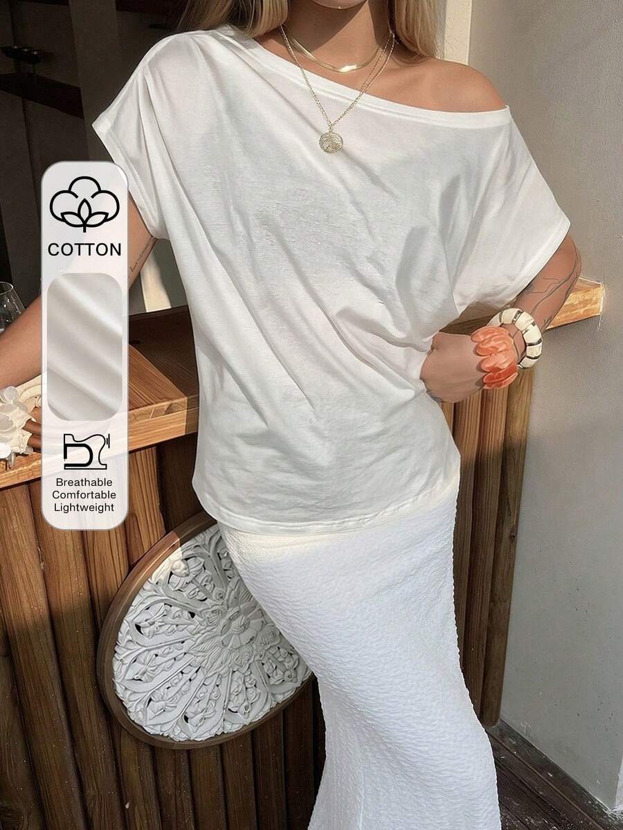 DAZY Camiseta de manga corta ajustada con hombros descubiertos y fruncidos para mujer - Blanco - Ver 1