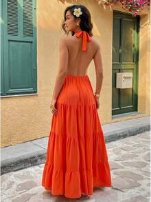 Breezaya 女士沙滩度假休闲露背吊带连衣裙 - 橘色 - 查看 2