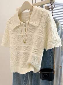 Everyssa 新款欧美时尚混色优雅百搭针织毛衣上衣 - 杏色 - 查看 1