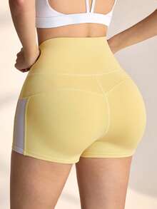 WanderVale Women's High Waist Fitted Contrast Color Splice Shorts - Yellow - View 2