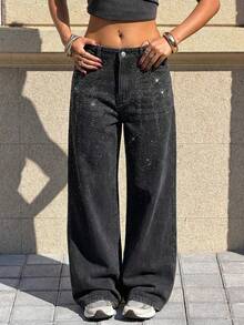 Muchica Black Versatile All-Match Women's Rhinestone Embellished Wide Leg Jeans, Spring Clothes Women,Street Wear - Black - View 1