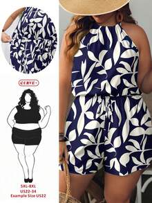 SHEIN CURVE+ Áo liền quần nữ cỡ US22, thích hợp cho lễ hội âm nhạc, kỳ nghỉ biển, phong cách bohemian, in họa tiết cây cỏ, kiểu dáng thường ngày, cổ yếm, thích hợp cho kỳ nghỉ. Áo liền quần ngắn dễ thương dành cho nữ, thích hợp cho nữ. - Màu xanh hải quân - Xem 9