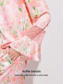 LUVLETTE 优雅性感粉色碎花睡衣套装 - 长袖上衣和蕾丝边阔腿裤，迷人家居服睡衣 - 粉色 - 查看 5