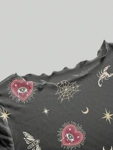 ROMWE Goth 哥特式宫殿优雅夏季薄纱性感短袖上衣 - 黑色 - 查看 3
