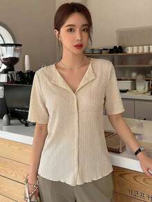 DAZY Textured Fabric Cardigan, Casual Versatile Short Sleeve T-Shirt Summer - Camel - View 5