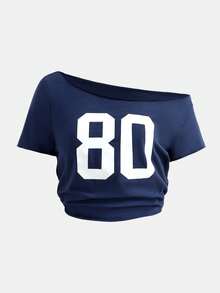 SHEIN Girlism Teen Girls 2 Piece Outfit,Navy Asymmetrical Shoulder Slogan T-Shirt & Slouchy Pants Set,Back-To-School Autumn Streetwear Holiday Casual Gym Clothes - Royal Blue - View 5