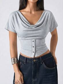 LYSMO 2026新款极简灰色短袖修身圆领休闲衬衫，女士时尚上衣，春夏款 - 灰色 - 查看 5