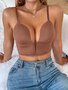 SHEIN 1pc Women Deep V-Neck Backless Bra - Brown - View 6