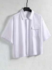 TOKVUE 男士宽松白色短袖衬衫 - 白色 - 查看 3