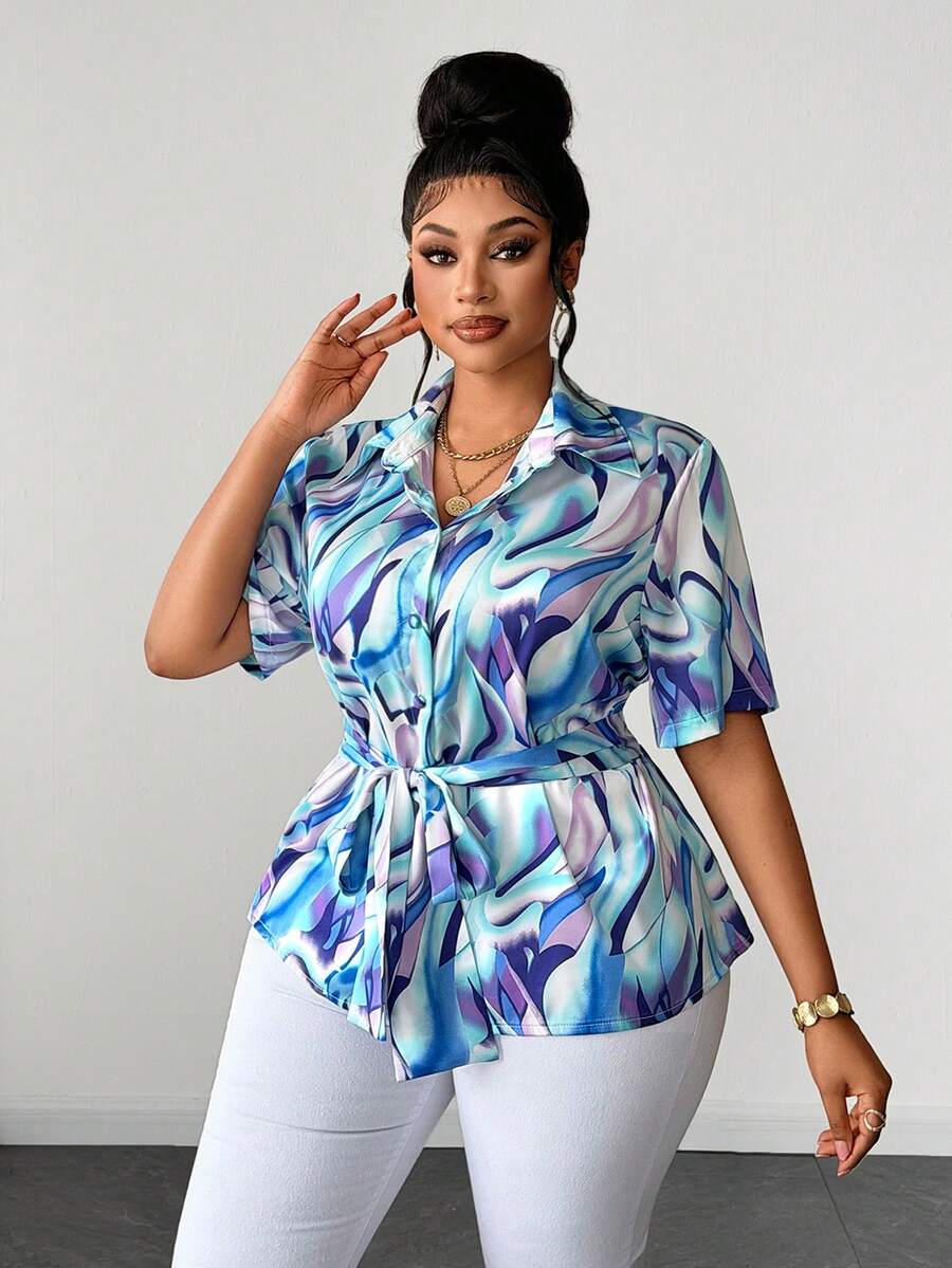 Maweii Damen Große Größen Sommer Satin glänzend Polka Punkt Muster Design Schleife 2026 Neu Kurzarm Bluse, geeignet für Ausflüge, Pendeln, Abschlussfeiern, Cosplay - Verschiedenfarbig - Übersicht 1