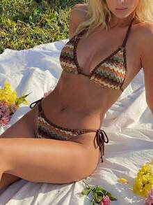 Swim SXY Conjunto de bikini de verano para mujer con diseño de patchwork, escote halter y lazos, traje de baño sexy - Multicolor - Ver 2