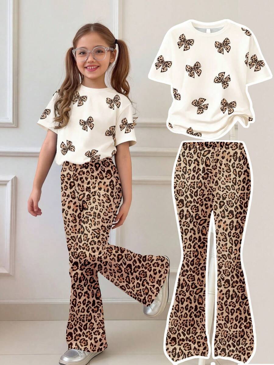 SHEIN Bộ 2 món gồm áo thun ngắn tay cổ tròn in họa tiết báo đốm và quần ống loe, trang phục thường ngày cho bé gái, mùa xuân và mùa hè. - Nhiều màu - Xem 1