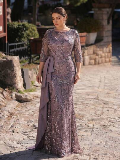 Serin Plus Size Elegant Luxurious Purple Sequin Embroidered Boat Neck 3/4 Sleeve Fitted Mermaid Hem Dress, Suitable For Evening Party, Gala, Date, Music Festival, Wedding, Mother Of The Bride