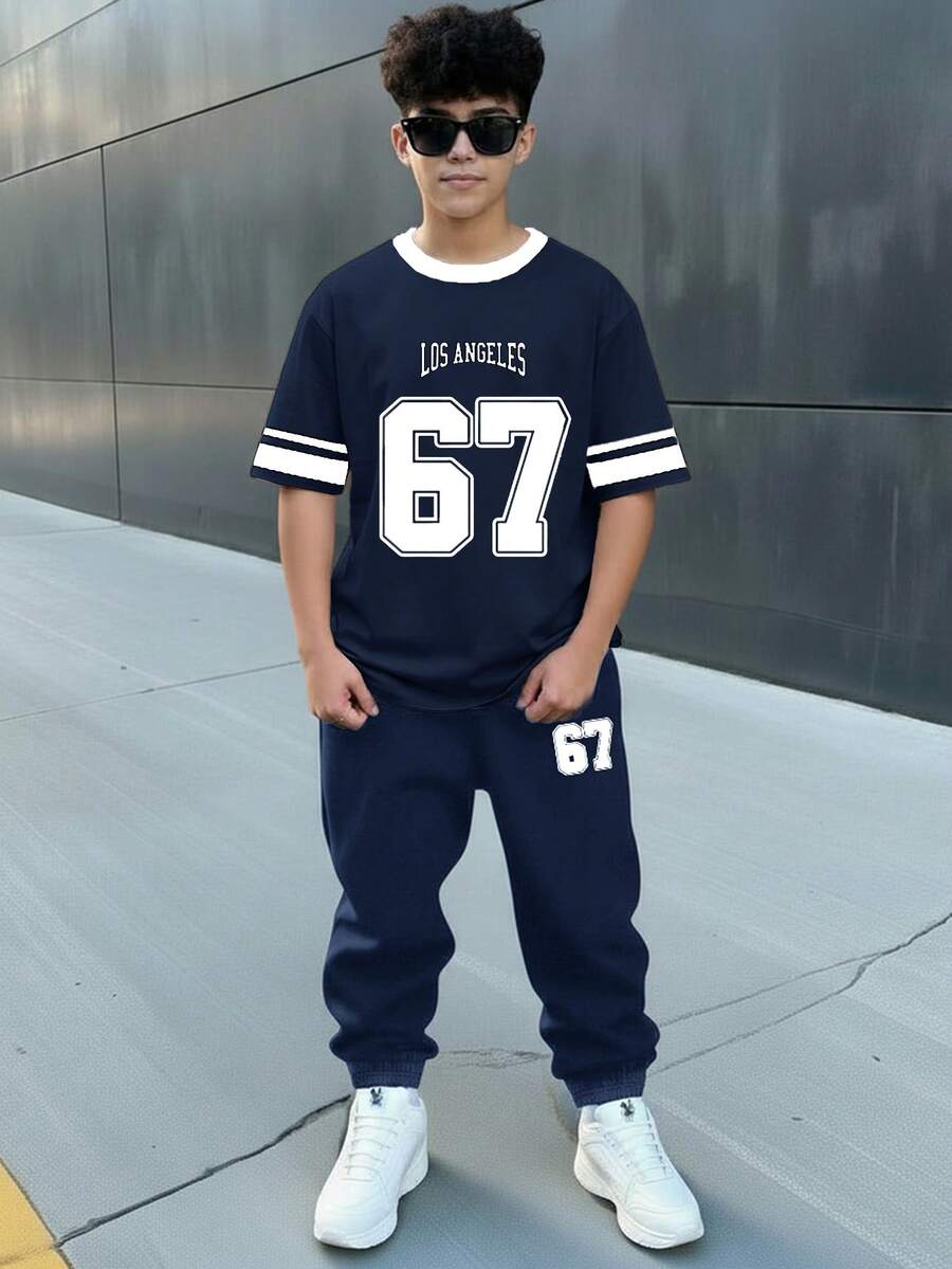 青少年男童休闲简约Y2K风格英文字母和数字67、6&7运动风复古美式撞色宽松舒适时尚圆领短袖T恤和裤子套装 - 白色 - 查看 1