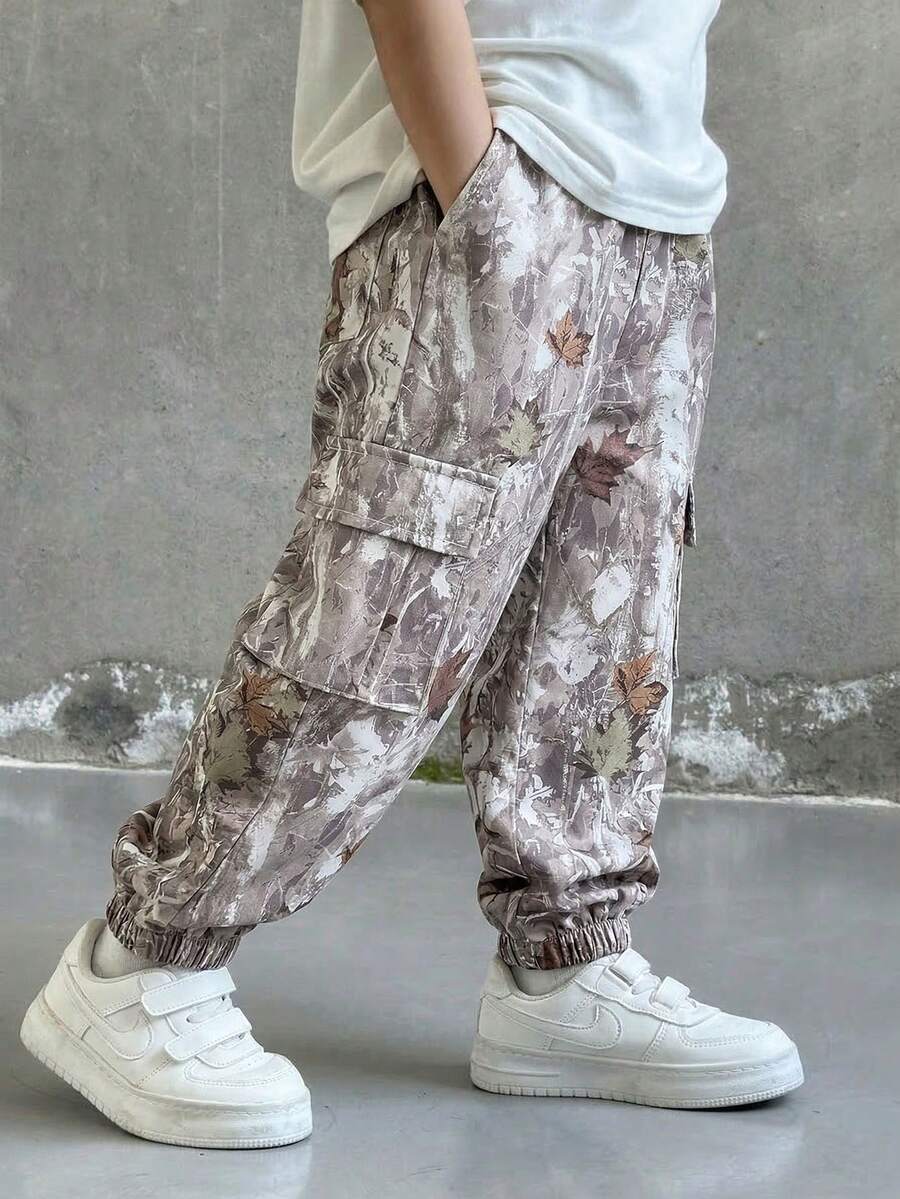 SHEIN 男童树叶印花工装束脚裤,休闲舒适直筒裤,适合日常穿着、上学、聚会、春夏、户外活动、徒步旅行。 - 卡其色 - 查看 1