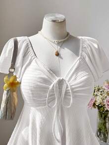 Sweetra Áo thun nữ cỡ lớn cổ vuông tay bồng dây rút eo nơ dáng chữ A chất liệu vải dệt họa tiết cổ điển thanh lịch dễ thương phong cách thường ngày dành cho nữ - trắng - Xem 4