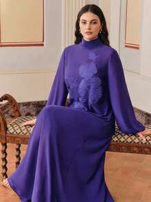 Anewsta Plus Size Women Long Dress Middle East Style Embroidered Robe, Mother's Day Gift Fall - Purple - View 4