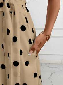 SHEIN Clasi 女士印花圆领腰带口袋无袖宽松休闲波点连衣裙，夏季波点连衣裙，女士休闲连衣裙，女士夏季连衣裙，女士波点连衣裙 - 駝色 - 查看 7