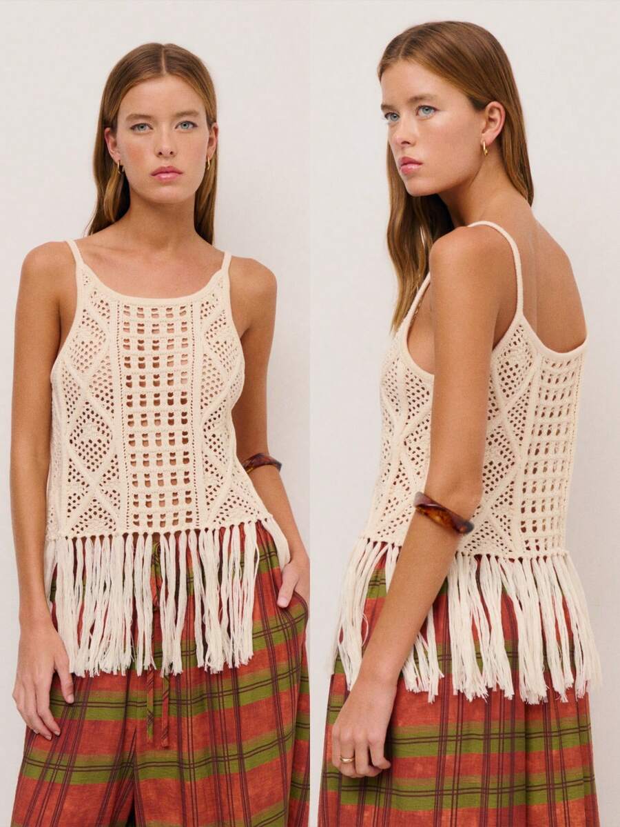 Nöista Crochet Knit Top With Ring Detail Hem And Adjustable Straps. Boho Beachwear Piece Perfect For Spring And Summer Outfits, Easter Looks, Vacation Styling, And Festival Outfits. - Apricot - View 1