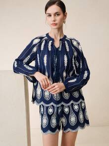 Anewsta Áo kiểu thanh lịch màu xanh hải quân thêu hình con công, cổ chữ V khoét sâu, thích hợp cho các buổi tiệc tùng của phụ nữ. - Màu xanh hải quân - Xem 4