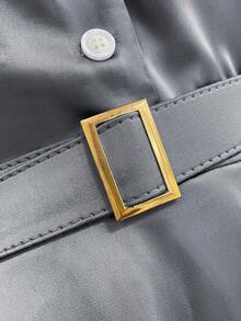 GlowEve CURVE Plus Size Solid Color Front Button Belted Waist Elegant Short Sleeve Dress - Grey - View 4