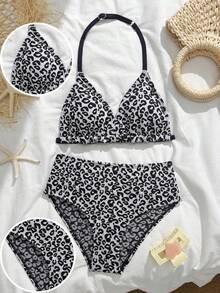 Bộ bikini họa tiết da báo dành cho bé gái tuổi teen, kiểu cổ yếm, cúp ngực tam giác, màu đen trắng giản dị, chất liệu vải dệt kim, thích hợp cho bơi lội, bãi biển, hồ bơi, kỳ nghỉ hè, lễ hội. - Đen và trắng - Xem 1