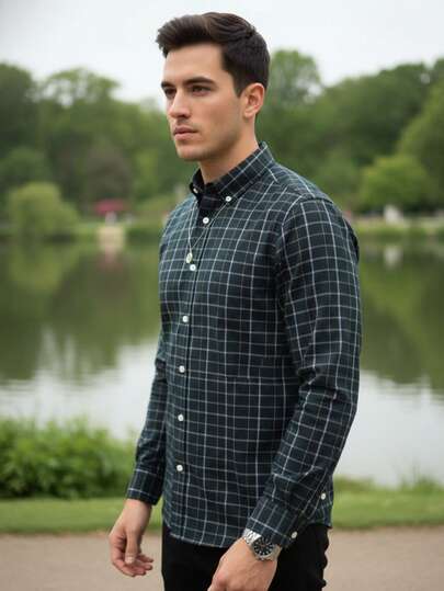 Camisa Hombre manga larga  con líneas, cuadro mediado, con bolsillo moda moderno actual fresco guapo Camisa de Hombre manga larga 100% algodón ,estilo clásico y cómodo, cuadros, con botones y bolsillo.
