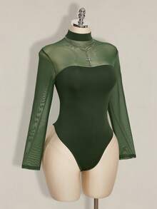 SHEIN ICON Plus Size Y2K Sexy Mesh Patchwork Bodysuit - Green - View 4