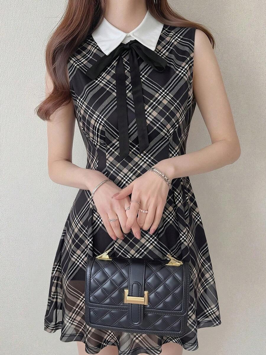 FRIFUL 女士常规领格子无袖A字腰连衣裙 - 棕色 - 查看 1