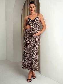 MaterniChic 豹纹鱼尾下摆修身孕妇吊带裙 - 棕色 - 查看 3