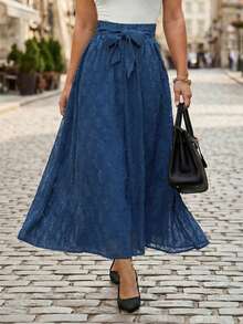 GlowEve CURVE Chân váy dự tiệc chất liệu denim họa tiết hoa hồng jacquard mới cho mùa xuân/hè, chân váy thường ngày cỡ lớn dành cho nữ, trang phục công sở. - Màu xanh lam - Xem 8