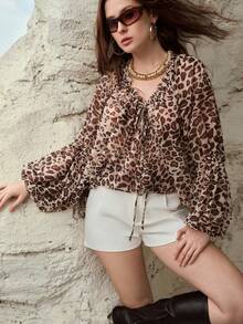 MOTF PREMIUM Blusa suelta de escote en V semitransparente con estampado de leopardo, para primavera/verano/otoño - Marrón - Ver 5