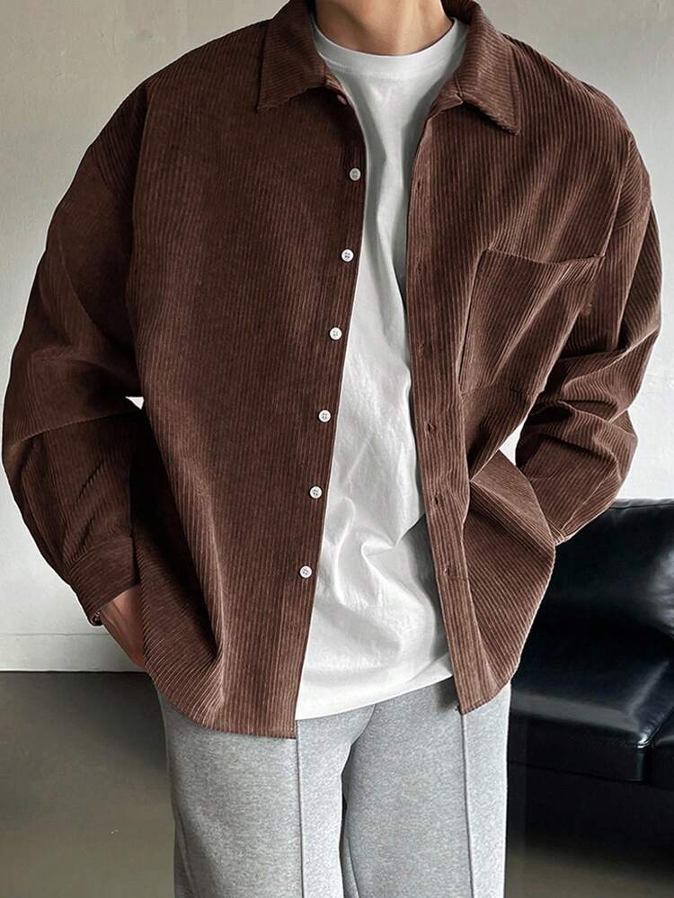 Men's Solid Color Long Sleeve Casual Shirt With Drop Shoulder,Fall Clothes