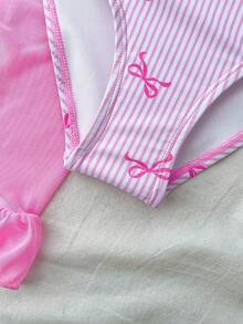 Tween Girls One-Piece Swimsuit With Cute Bow Print, Shoulder Strap, Ruffle Trim & Skirt, Suitable For Swimming, Vacation, Beach In Summer, Tween Girl Bathing Suit Sets Summer Holiday - Baby Pink - View 7