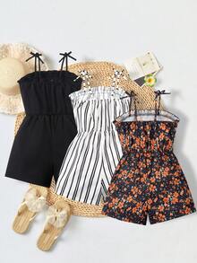 SHEIN 3件套少女休闲度假可爱碎花条纹纯色连体衣，适合多子女家庭、海滩度假、户外玩耍、上学等场合。 - 彩色 - 查看 2