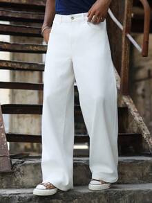 Manfinity EMRG 美式情侣刺绣宽松阔腿裤 - 白色 - 查看 5