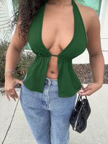Alexandranx Summer Front Slit, Backless, Knotted Halterneck Black Top Party Tops - Dark Green - View 5