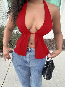 Alexandranx Summer Front Slit, Backless, Knotted Halterneck BeachB Top - Red - View 4