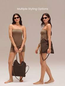 GLOWMODE Medium 8L Glowette Faux Leather Detachable Shoulder Strap Zipper Compartment Slip Pocket Drawstring Closure Crossbody Tote Bag Outdoor Daily Casual - Brown - View 3