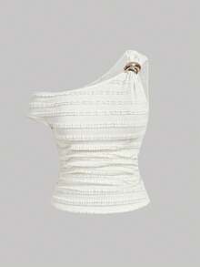 SHEIN MOD 大码露肩金属扣纹理面料上衣，甜美夏季休闲装 - 米色 - 查看 5