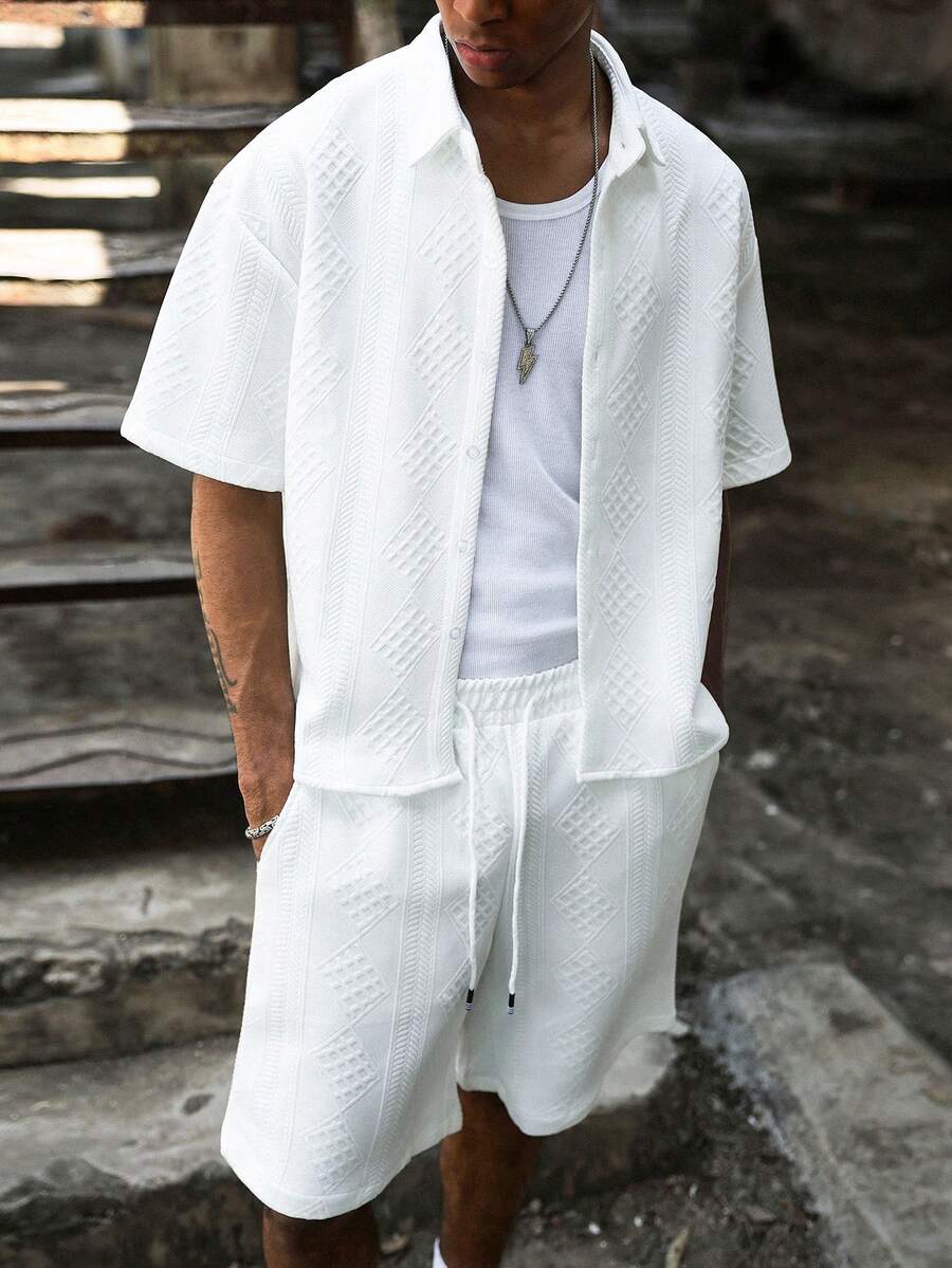 PAVTROS Men's White Short Sleeve Button-Front Shirt And Drawstring Waist Shorts Set,2 Piece Summer Vacation Outfits,Streetwear Co Ord Set Men Clothes - White - View 1