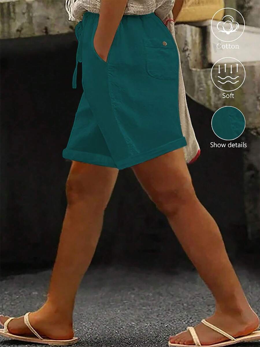 Linhara Plus Size Washed Cotton Cinched Waist Backpocket Button Decor Short Casual Top - Teal Blue - View 1