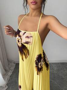 SHEIN Elenzya Đầm maxi xếp ly dáng rộng in họa tiết dành cho nữ, kiểu dáng thanh lịch, thoải mái, thích hợp cho kỳ nghỉ hoặc đi làm, mùa xuân/hè. - Vàng nhạt - Xem 3