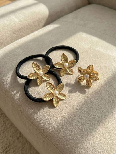 Resyla 3pcs Women Fashion Metallic Luxury 5-Petal Flower Faux Pearl Hair Scrunchies, Hair Ties, Metal Hair Accessories Suitable For Summer Beach Vacation,Beach Outfit,Beach Hair Floral Accessories Ponytail Holders, Gold Head Piece, Hair Bobbles ,Hair Rope Head Accessories Rubber Bands