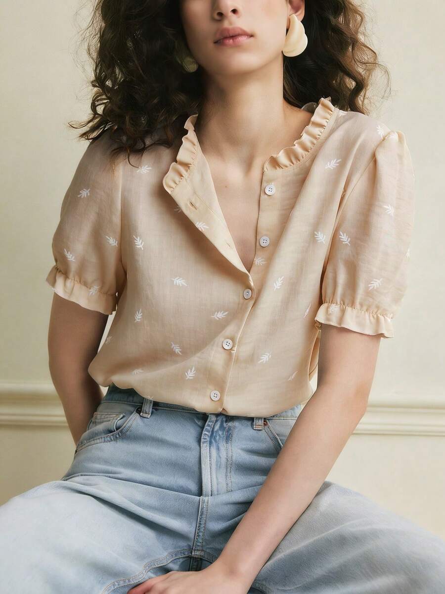 Écloséra 女士法式休闲日常度假荷叶边领花瓣袖纹理柔软面料蓝色衬衫，春夏款 - 卡其色 - 查看 1